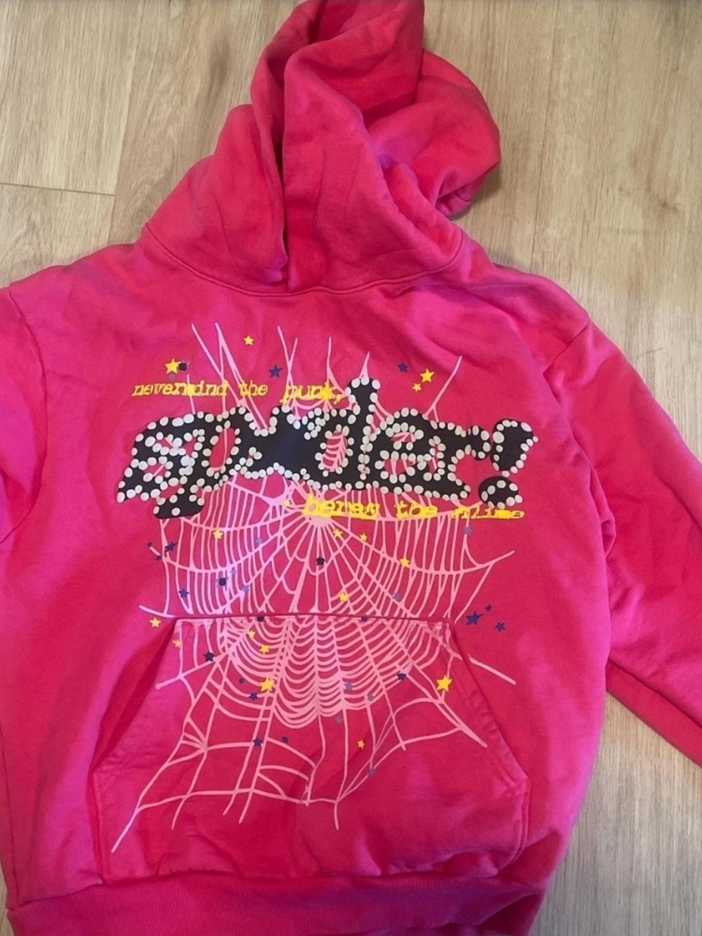Girls Bright Pink Graphic Pullover Hoodie with Spiderweb Design